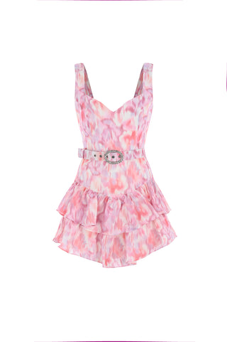 Ruffled Linen Dress With Belt - Pink