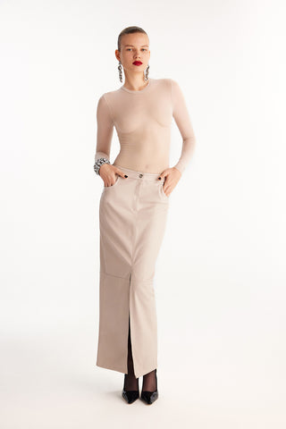 Faux Leather Maxi Skirt - Beige