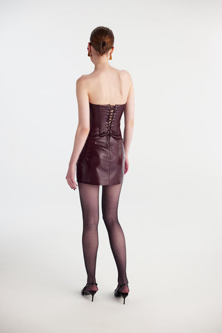 Crinkled Faux Patent Leather Corset Top - Burgundy