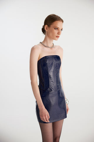 Crinkled Faux Patent Leather Corset Top - Blue