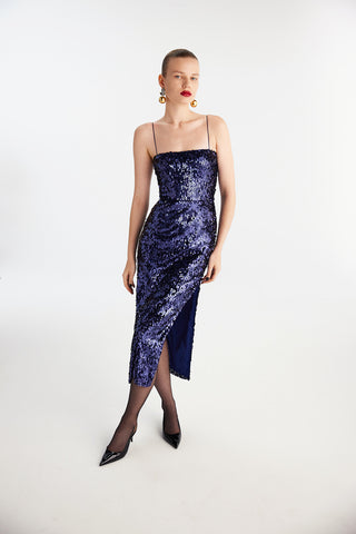 Navy Sequined Midi Dress