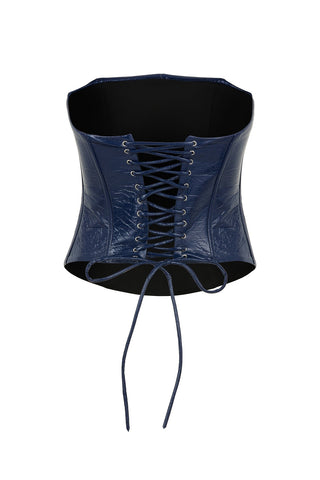 Crinkled Faux Patent Leather Corset Top - Blue