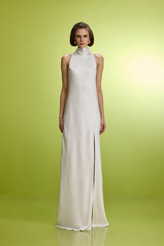 Tie-detailed Halter Neck White Satin Dress