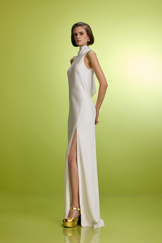 Tie-detailed Halter Neck White Satin Dress