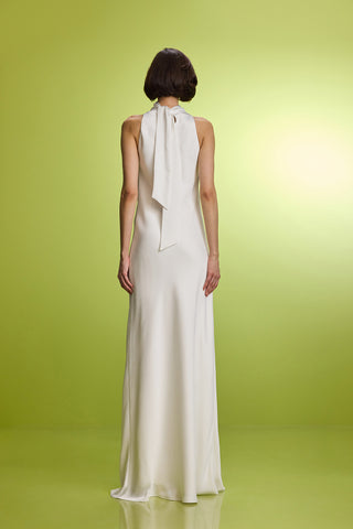 Tie-detailed Halter Neck White Satin Dress