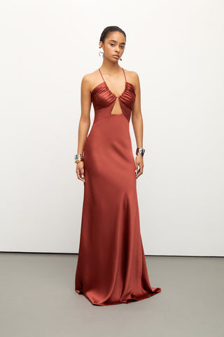 Cutout Draped Brown Satin Dress