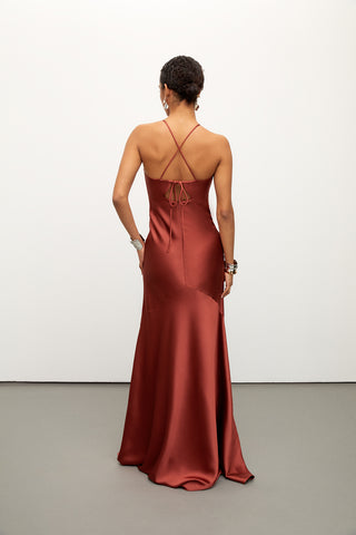 Cutout Draped Brown Satin Dress