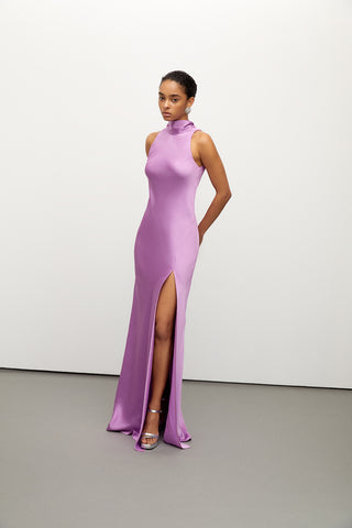 Tie-detailed Halter Neck Lilac Satin Dress