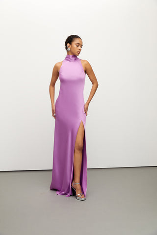 Tie-detailed Halter Neck Lilac Satin Dress