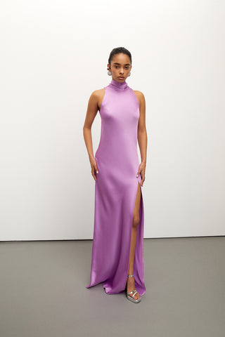 Tie-detailed Halter Neck Lilac Satin Dress