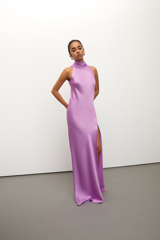 Tie-detailed Halter Neck Lilac Satin Dress