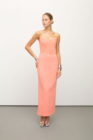 Strapless Midi Coral Crepe Dress