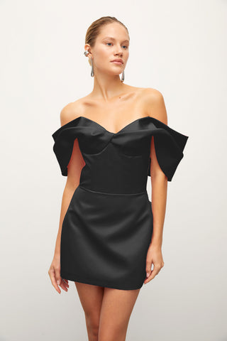 Off-The-Shoulder Mini Satin Black Dress