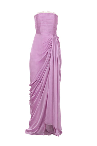 Lace-trimmed Draped Pink Chiffon Dress