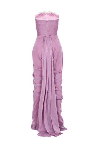 Lace-trimmed Draped Pink Chiffon Dress