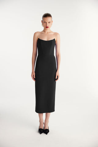 Strapless Midi Black Crepe Dress